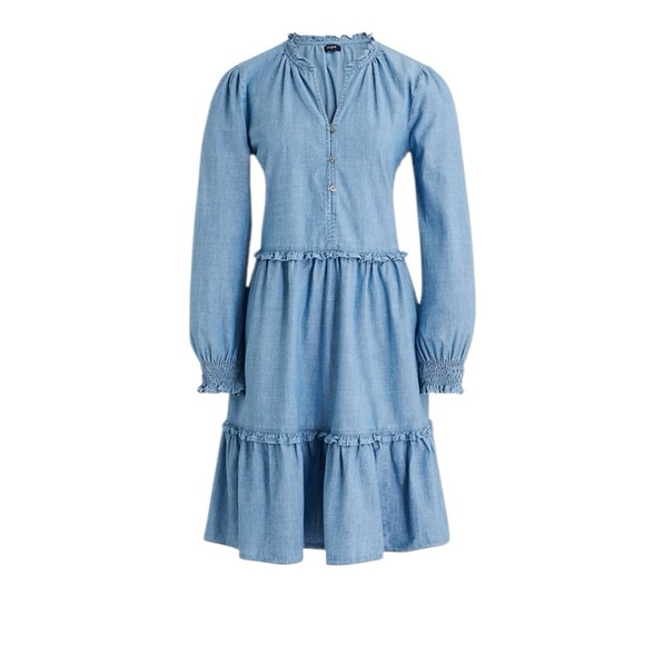 J. Crew - Chambray Ruffle Long Sleeve Mini Dress Sz 8 - Picture 3 of 8
